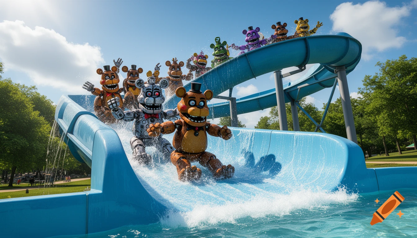 Multiple Five Nights at Freddy's animatronics, including Freddy Fazbear, slide down a blue water slide in a sunny outdoor water park.