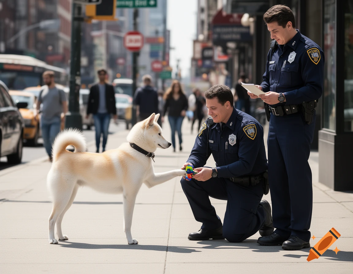 Two police officers interacting with a white Jindo dog on a city street, one kneeling and holding a toy.