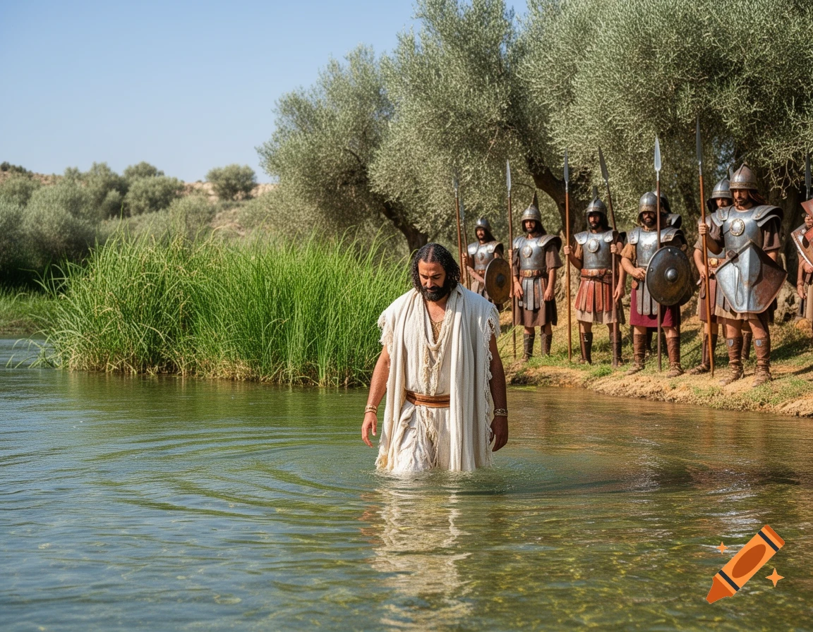 A man in a white robe wades into a river as armored soldiers stand on the bank behind him in a sunny, historical scene.