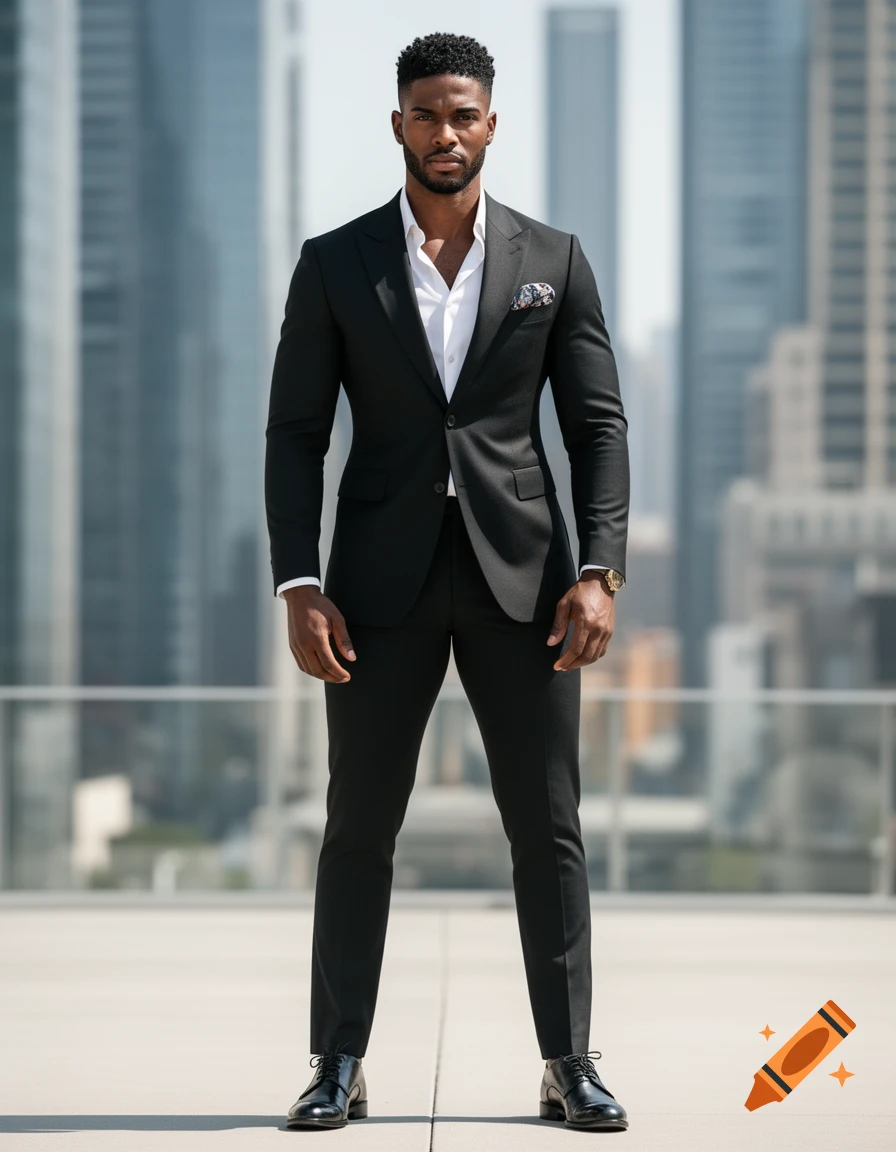 A confident man in a sharp black suit and white shirt stands on a rooftop with blurred city buildings behind him.