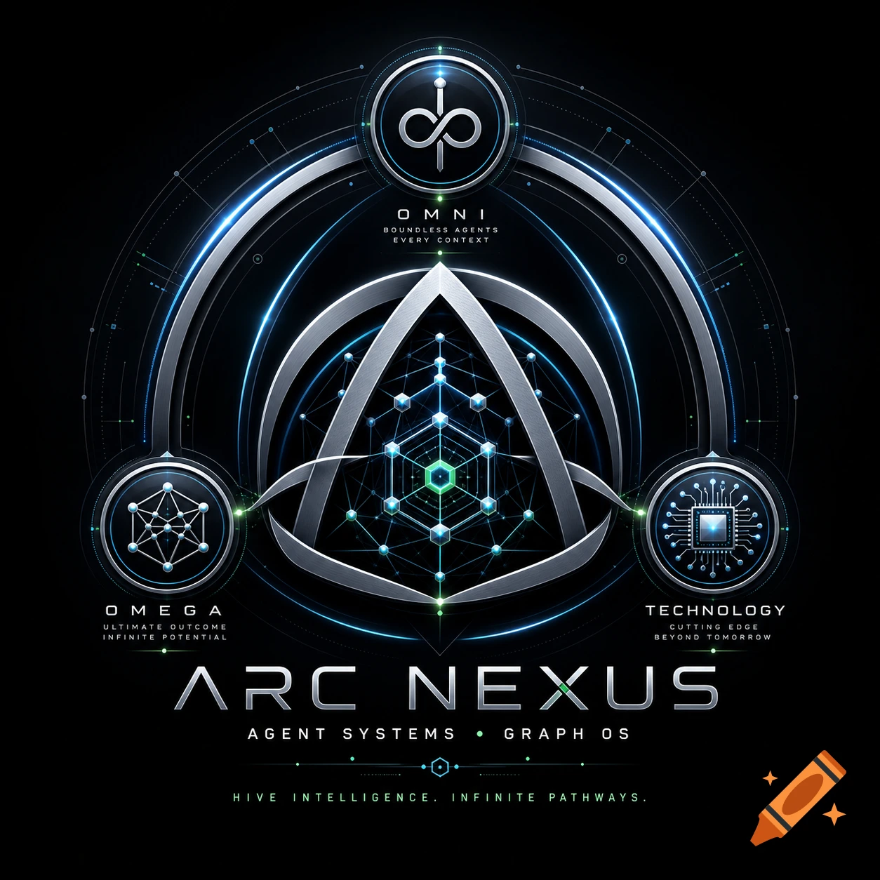 Futuristic, metallic Arc Nexus AI project logo with abstract shapes, glowing blue-green lines, and text 'OMNI', 'OMEGA', 'TECHNOLOGY' on black.