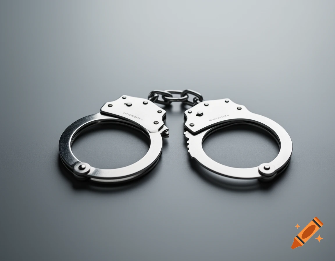 A pair of shiny silver metal handcuffs lies on a dark gray surface with subtle reflections.