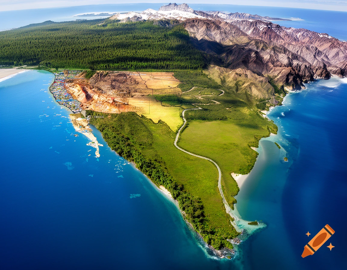 An aerial view showing a lush green island with a winding road, a developed coastline, forests, and snow-capped mountains, surrounded by deep blue ocean.