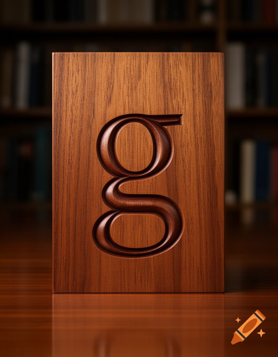 Photorealistic close-up of a lowercase letter 'g' carved into a rectangular wooden block, sitting on a polished wooden table.