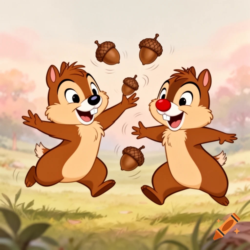 Two cartoon chipmunks, Chip and Dale, happily juggle acorns in a vintage 2D animation style.
