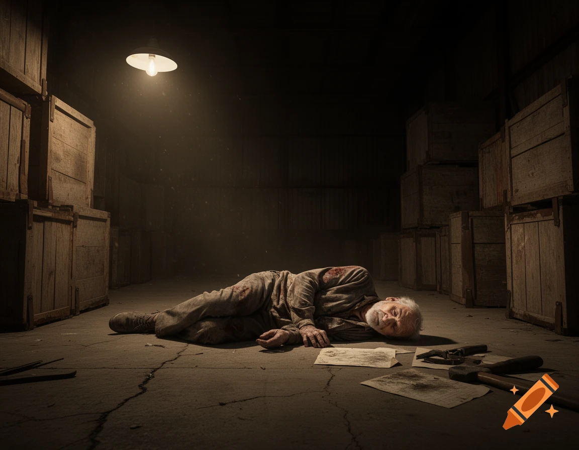 An old man with bloodstains lies on a dark warehouse floor, dimly lit, surrounded by wooden crates and tools.