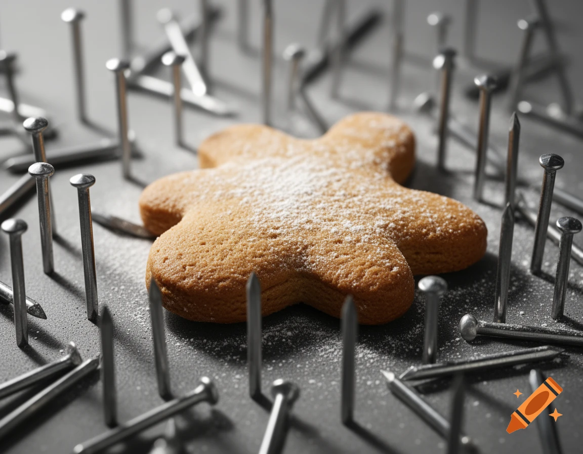 A gingerbread cookie dusted with powdered sugar rests amidst scattered metal nails on a dark surface, photorealistic.
