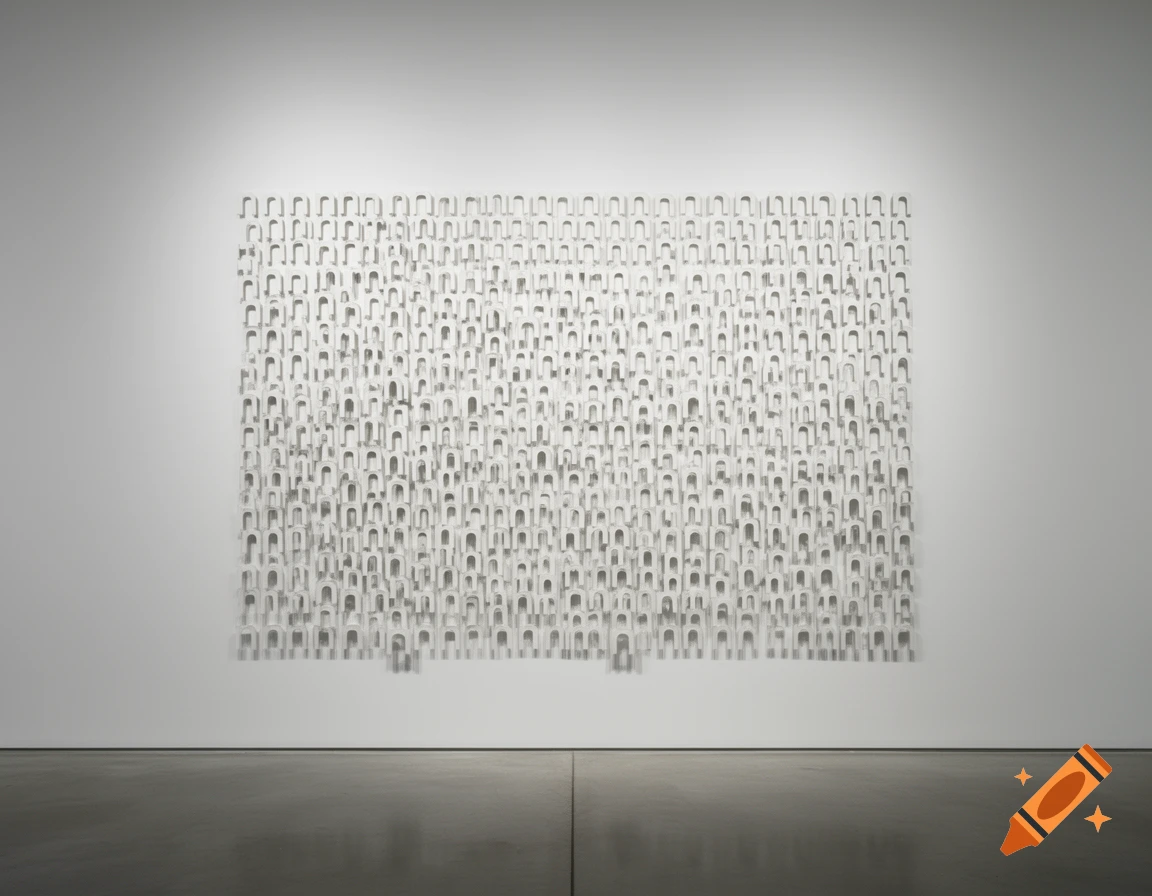 An abstract art installation featuring a large rectangular grid of numerous small, repeating 'n'-shaped forms on a white gallery wall.