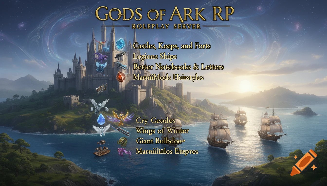 A fantasy landscape features a grand castle, sailing ships, and floating magical items against a cosmic sky, advertising a 'GODS OF ARK RP' roleplay server.