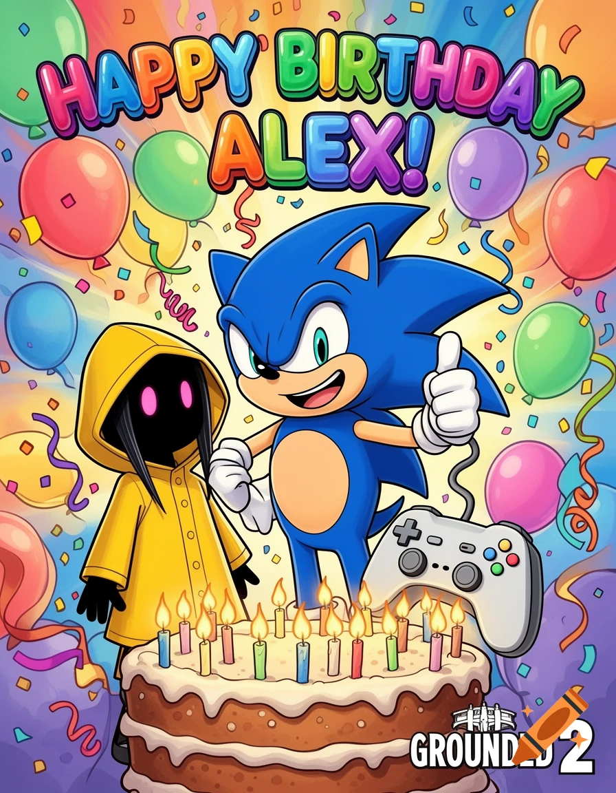 Vibrant cartoon birthday poster with Sonic the Hedgehog, Six from Little Nightmares II, a cake, balloons, and confetti, reading 'Happy Birthday Alex!' and 'Grounded 2'.