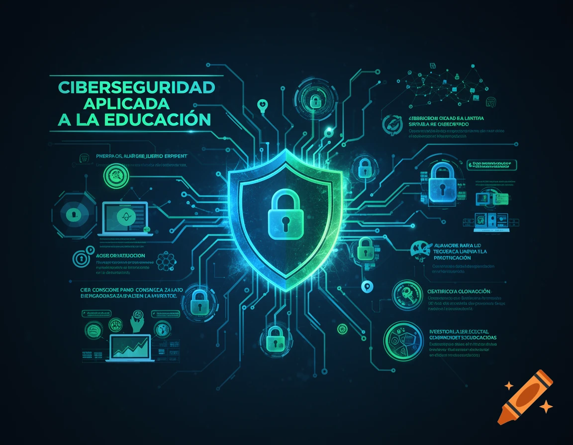 Digital infographic with a central glowing shield and padlock, surrounded by circuit lines, icons, and text about cybersecurity applied to education, in green and blue tones.