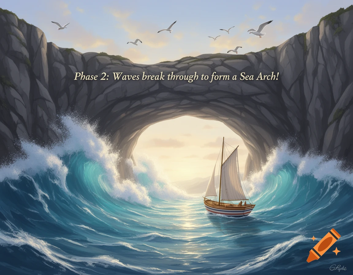 An illustration of a boat in rough blue waves near a sea arch, with seagulls flying above under a warm sky. Text reads: Phase 2: Waves break through to form a Sea Arch!