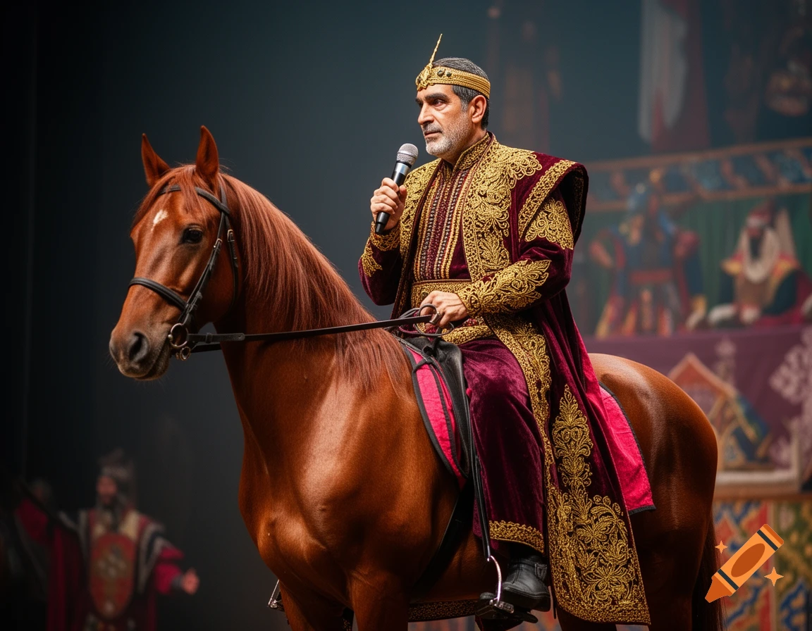 A man in ornate, gold-embroidered burgundy attire and a crown, riding a brown horse on a stage, holding a microphone.