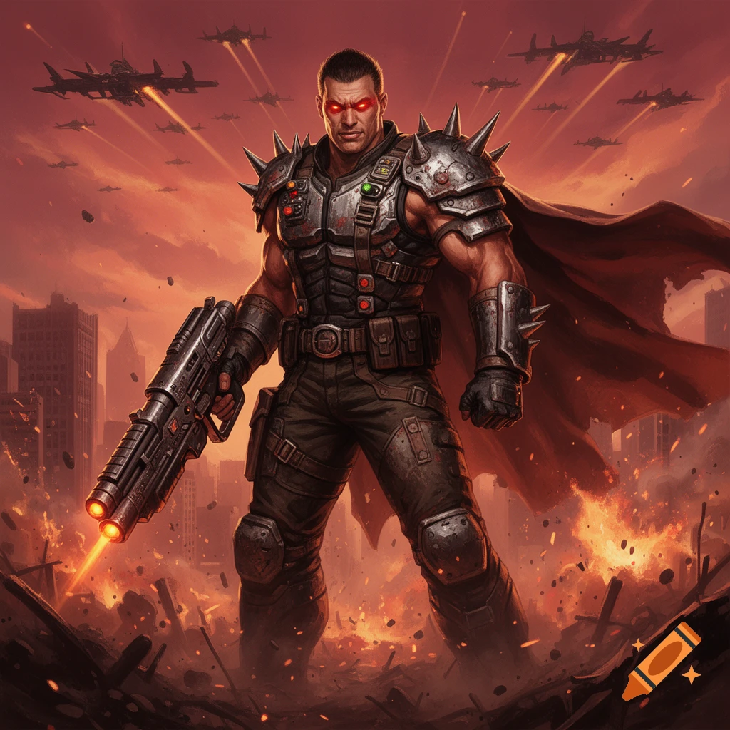 A muscular warlord with red glowing eyes, spiked armor, and a cape holds a large gun amidst a destroyed city under a fiery red sky with fighter jets.