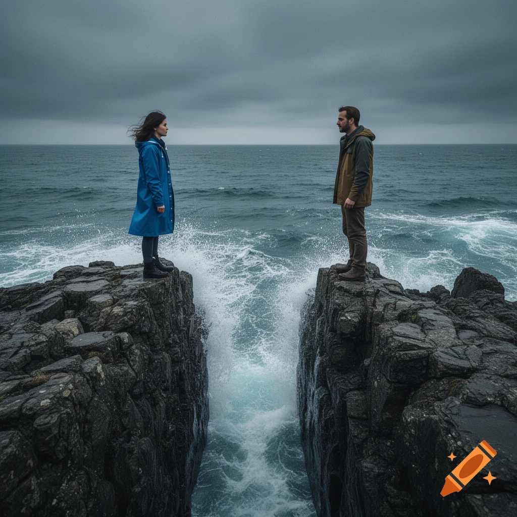 A man and woman stand on separate rocky cliffs, facing each other across crashing waves under a stormy sky.