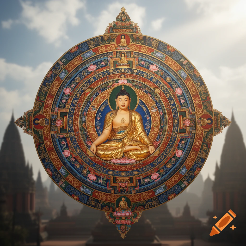 A richly detailed, golden Buddha figure sits in a lotus pose within a vibrant, intricate mandala, set against a blurry backdrop of ancient temples under a cloudy sky.
