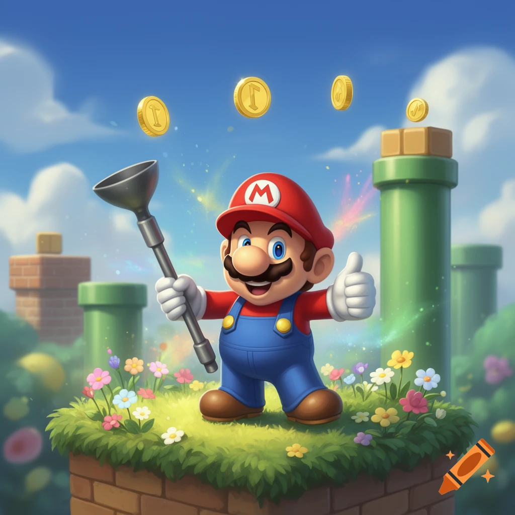 A vibrant 3D illustration of Mario holding a plunger and giving a thumbs up on a grassy platform in a colorful game world with pipes and floating coins.