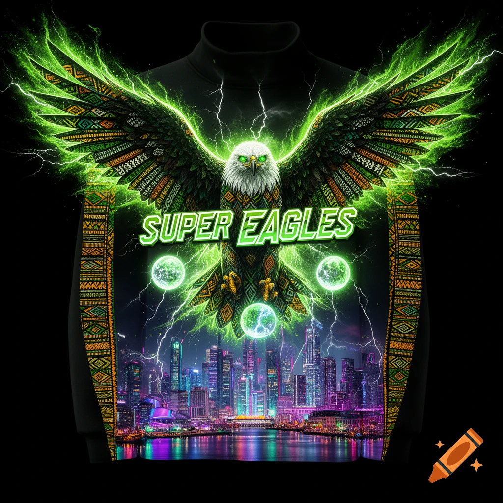 An Afrofuturist design on black apparel featuring a neon green electric eagle with "SUPER EAGLES" text above a cyberpunk city.
