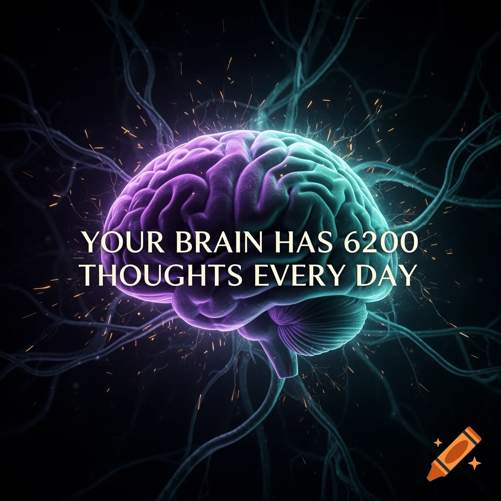 A glowing, purple and teal human brain surrounded by neural connections and sparks, with the text "YOUR BRAIN HAS 6200 THOUGHTS EVERY DAY".