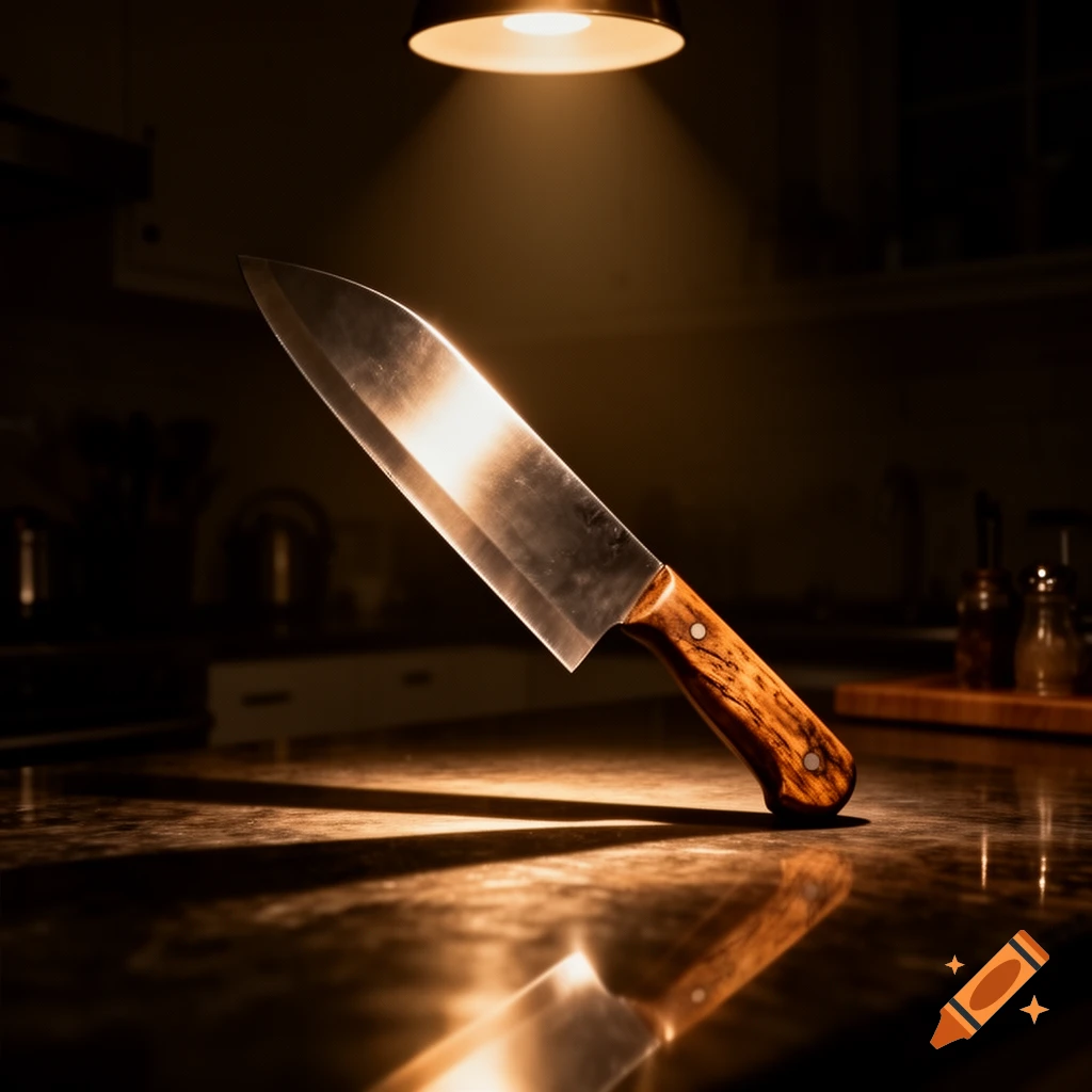 A sharp chef's knife with a wooden handle stands on a dark, reflective kitchen counter under dramatic spotlighting.
