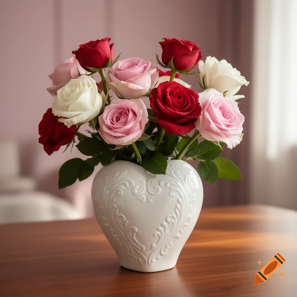 A white heart-shaped vase filled with red, pink, and white roses on a wooden table.