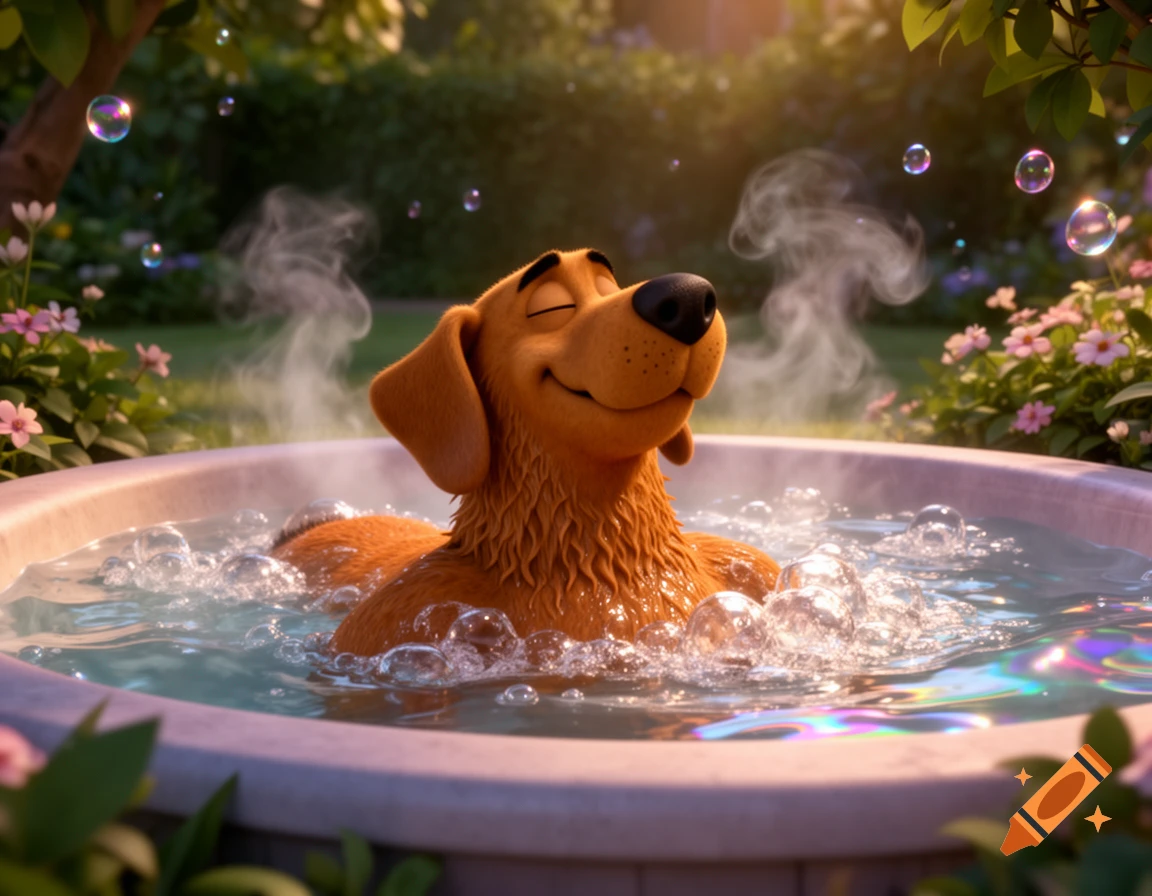 A 3D animated dog, resembling Scooby-Doo, relaxes happily in a steaming, bubbly hot tub in a lush garden.