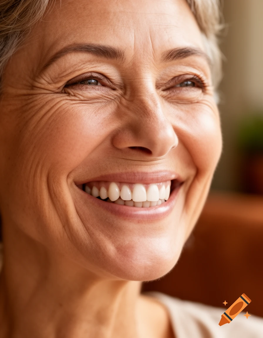 Close-up photorealistic portrait of a smiling older woman with wrinkles around her eyes.