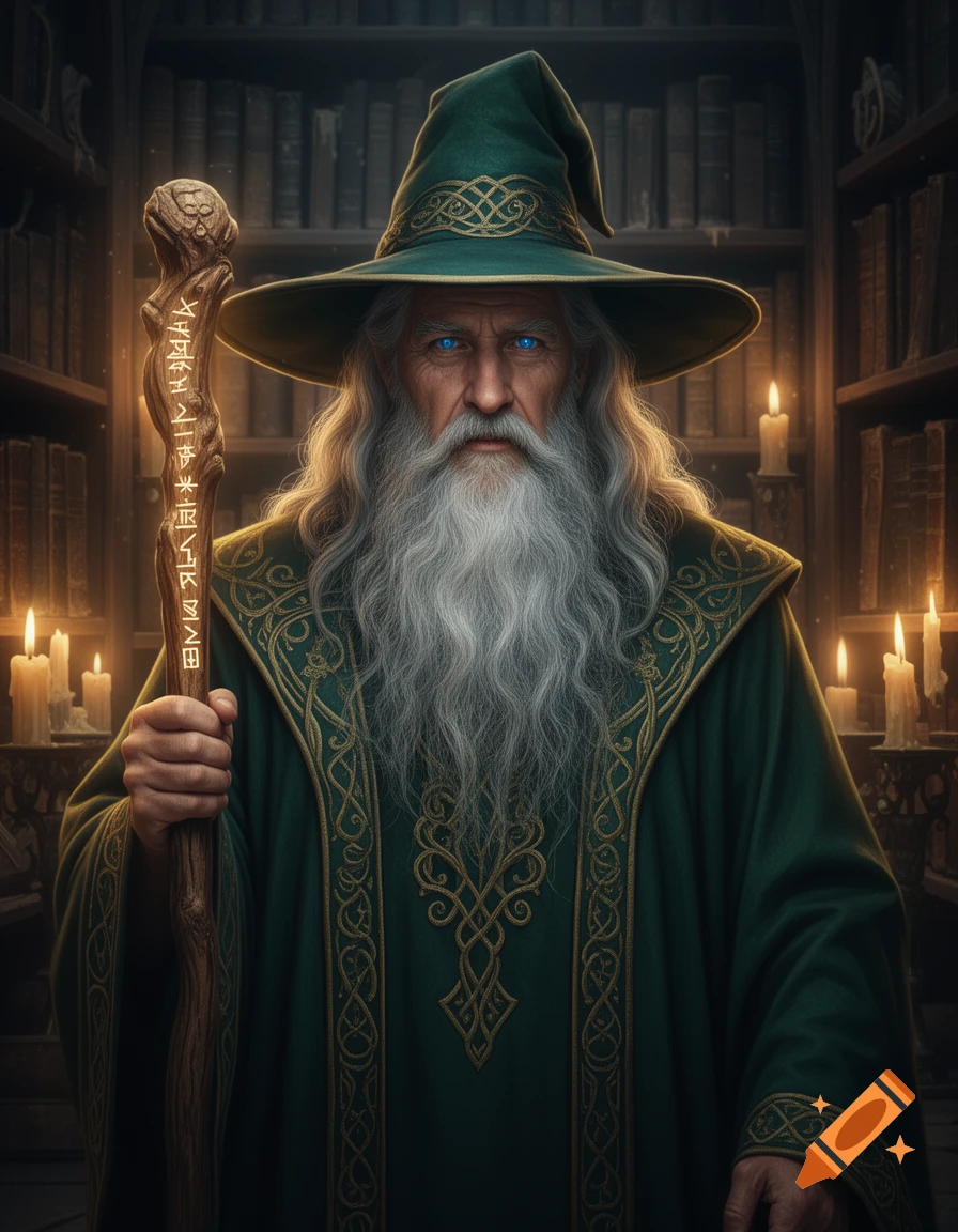 A serious wizard with a long white beard and glowing blue eyes wears a green robe and hat, holding an ornate staff in a candlelit library.