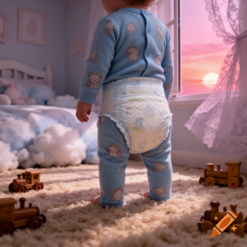 A baby in blue pajamas and a diaper stands on a fluffy carpet in a nursery, with wooden toys scattered around and a pink sunset visible through the window.