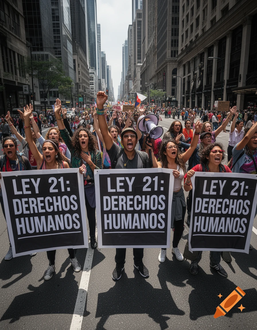 A large crowd of people marching down a city street, holding up signs that read "LEY 21: DERECHOS HUMANOS" and raising their fists in protest. Tall buildings line the street under a clear sky.
