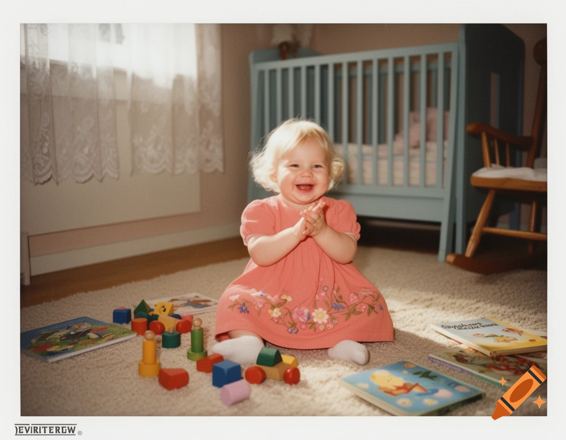 A smiling baby girl claps her hands, sitting on a carpet surrounded by wooden toys and books in a bright nursery with a crib.