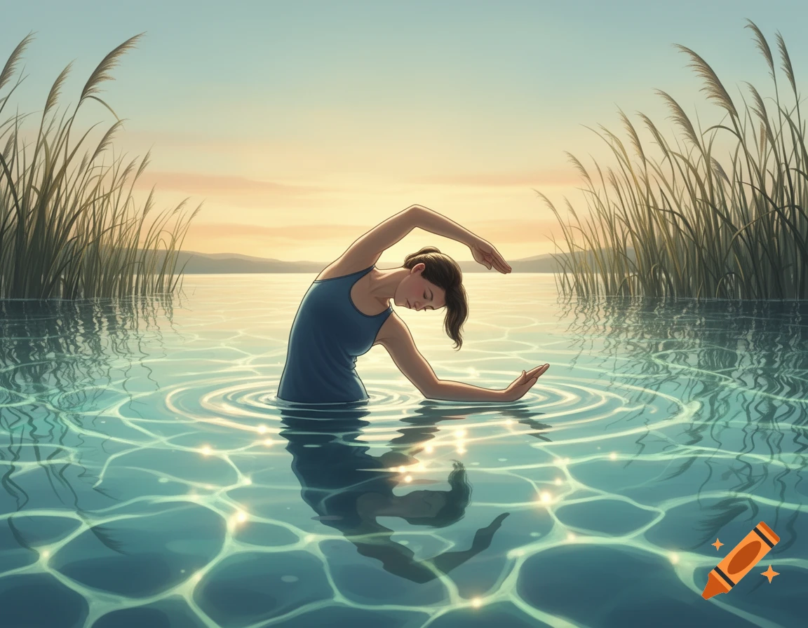 A person in a blue top stretches in a calm lake at sunrise, surrounded by tall reeds, creating ripples in the water.