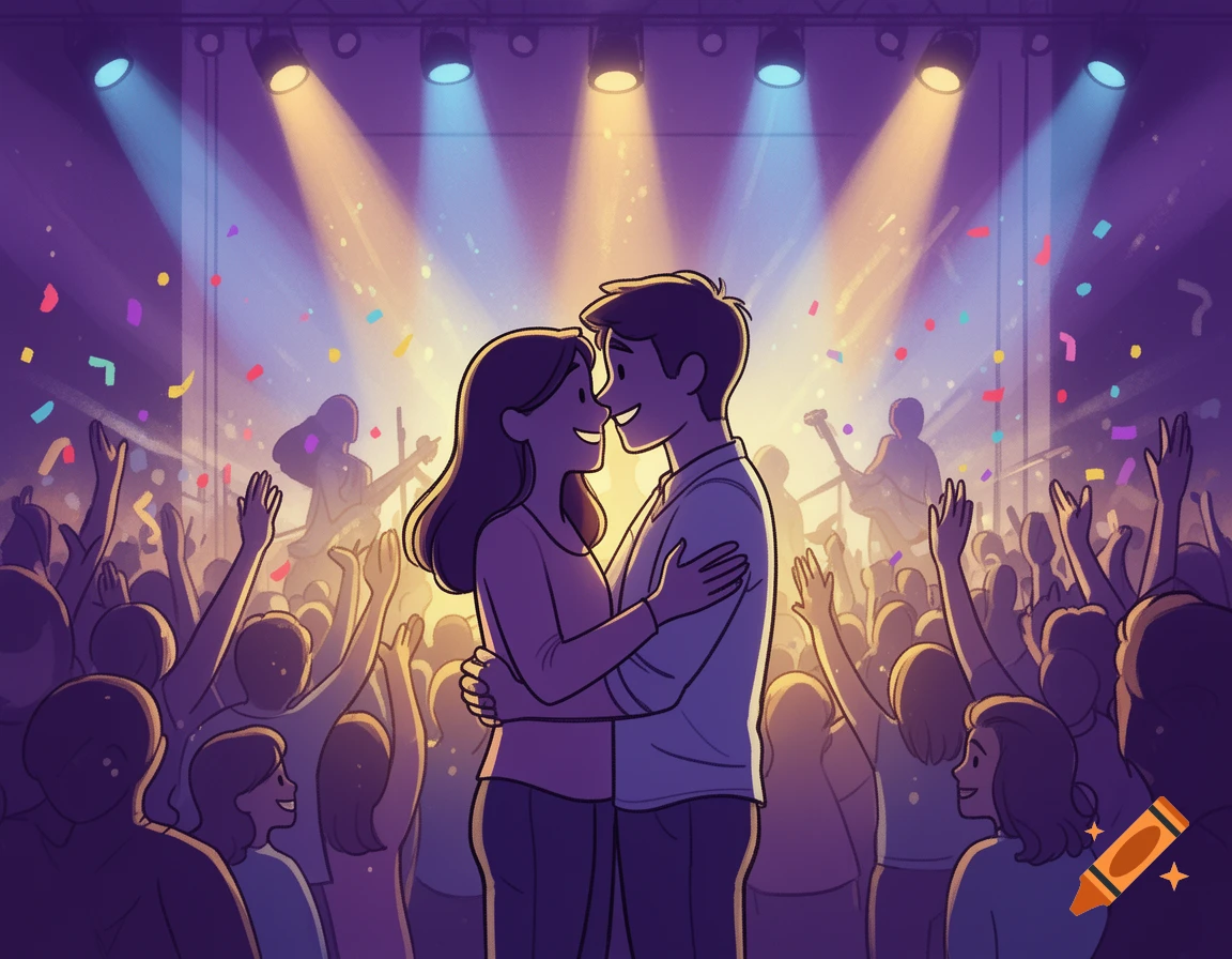 Cartoon couple embracing at a lively concert with confetti, stage lights, and a cheering crowd.