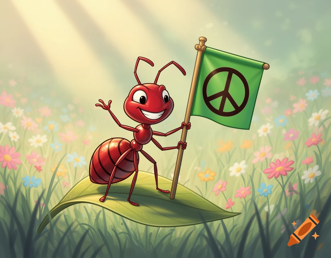 A cheerful cartoon ant waves while standing on a leaf, holding a green flag with a peace symbol in a sunny meadow.