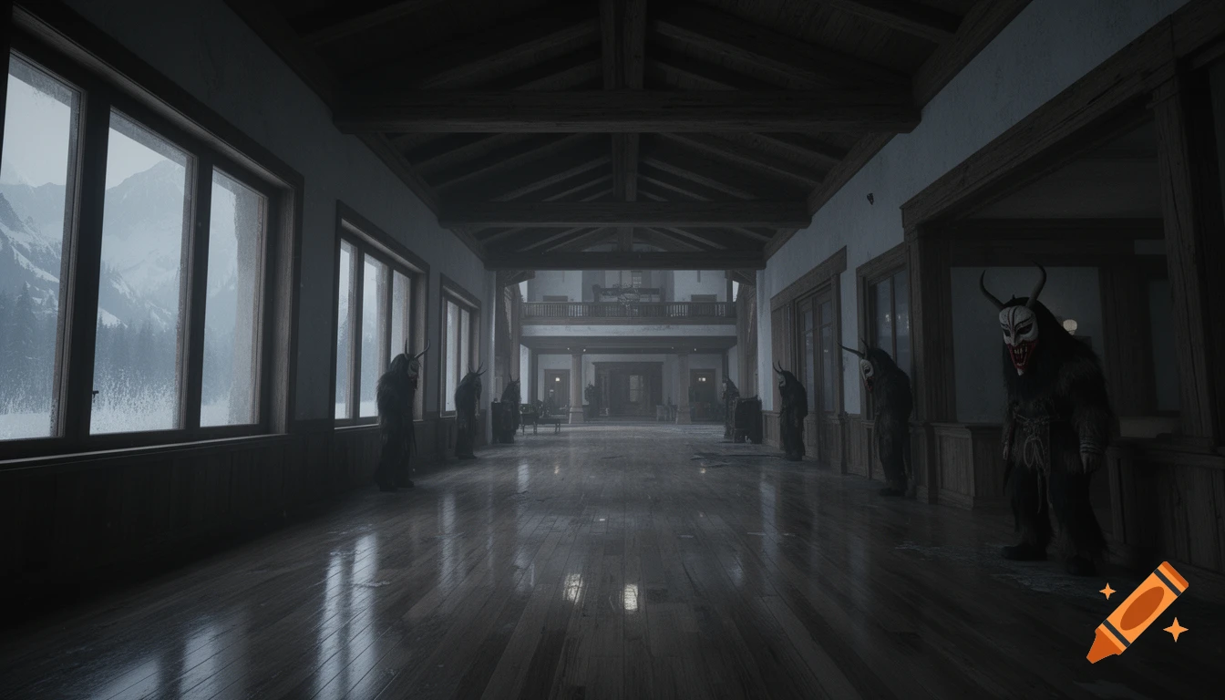 Eerie, dark, abandoned alpine hotel with masked figures in a long corridor, reflecting light on wooden floors and snowy mountains outside.