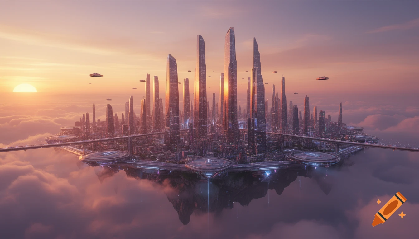 A breathtaking futuristic city floats amidst clouds at sunset, with sleek skyscrapers and flying vehicles.