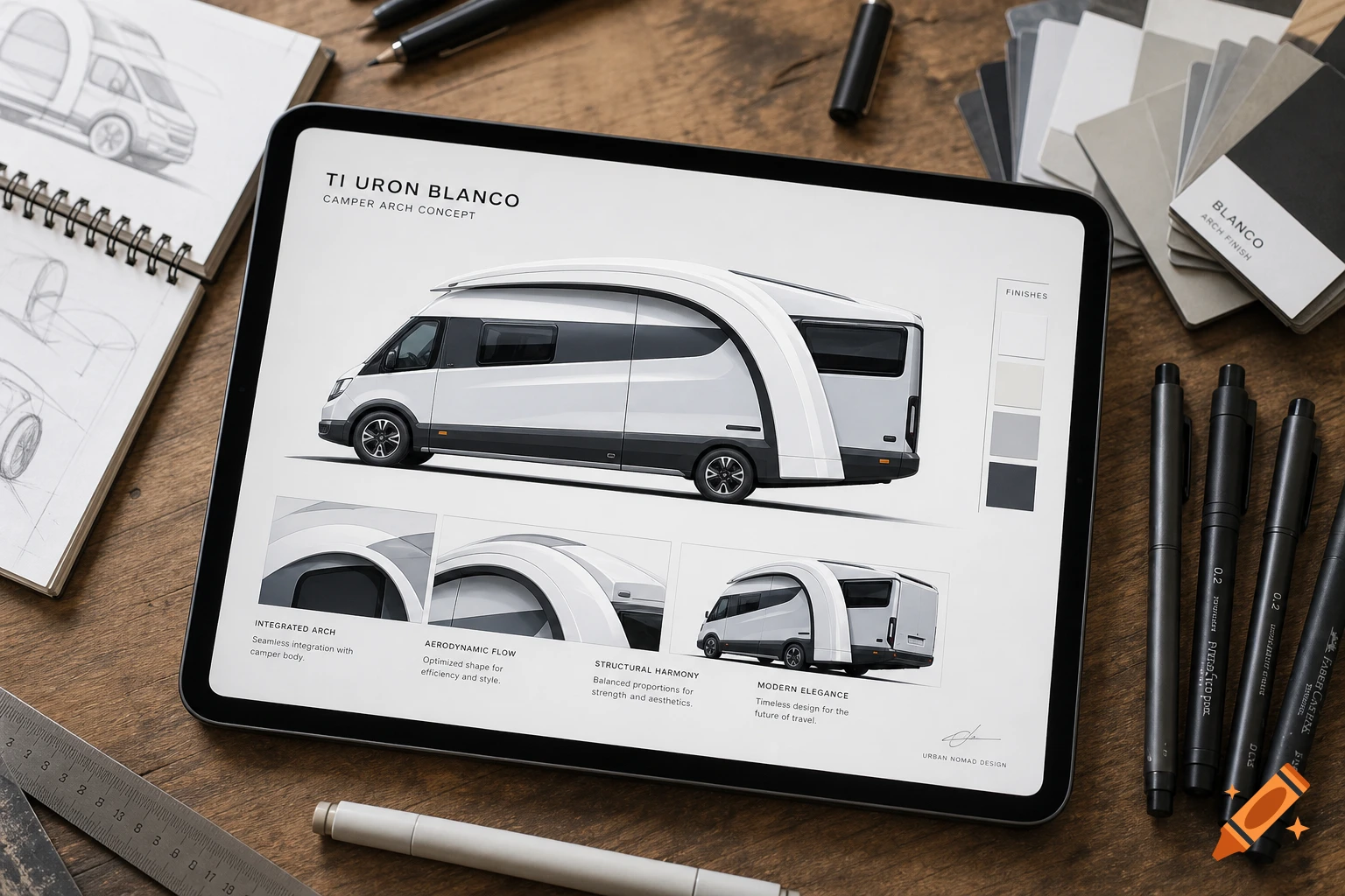 A tablet on a wooden desk displays a white camper van concept design, surrounded by pens, sketches, and color swatches.