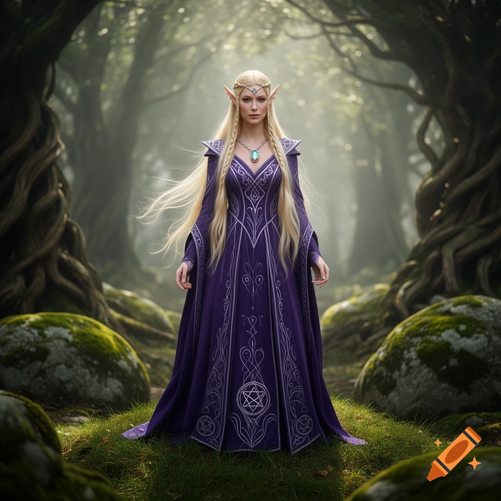 Photorealistic image of a blonde elf queen in a purple gown and emerald jewelry standing in a mystical forest.