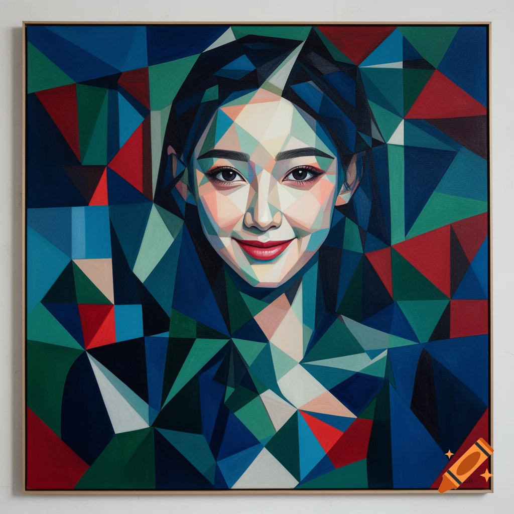 A cubist portrait of a woman with red lips, composed of blue, green, red, and white geometric shapes.