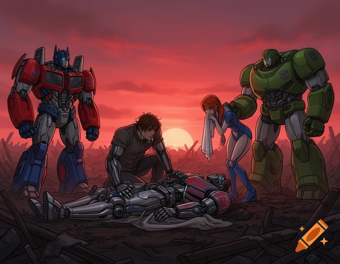 Optimus Prime and Bulkhead stand with human companions over a fallen robot, Ratchet, in a post-battle, sunset landscape, comic art style.