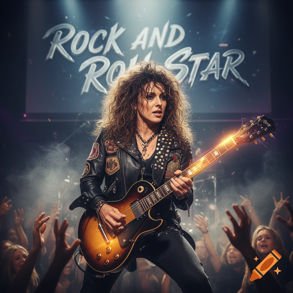 A photorealistic female rock star with big hair plays electric guitar on stage as a crowd cheers, 'ROCK AND ROLL STAR' text behind her.