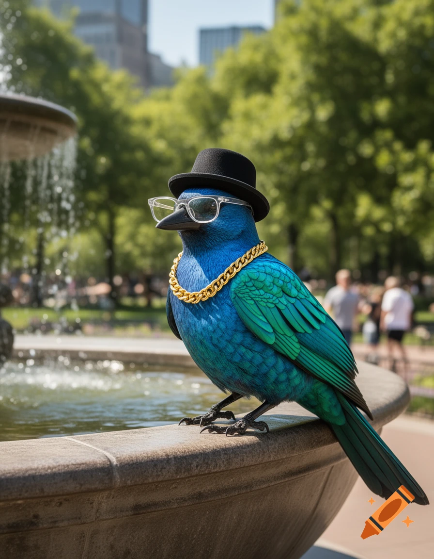 A blue and green bird wearing a black fedora, clear glasses, and a gold chain, sitting on a stone fountain in a sunny park.