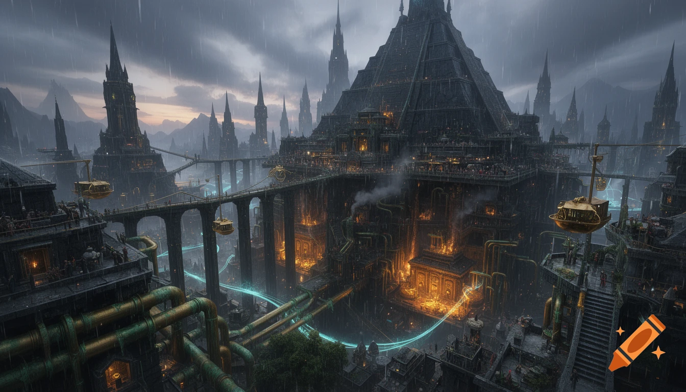 A dark, rain-soaked cyberpunk fantasy city with colossal ziggurat-arcologies connected by bridges, glowing transport lines, and brass cable cars.