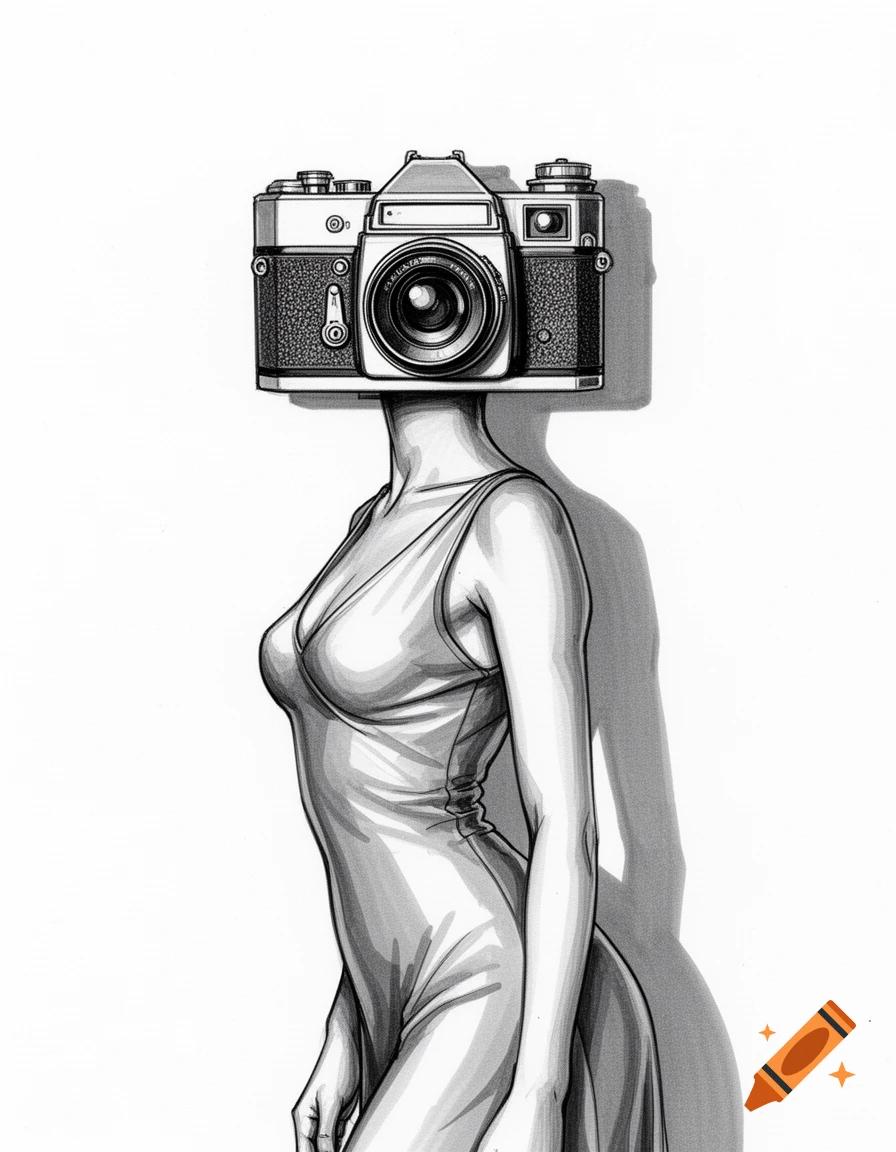 Black and white marker sketch of a woman's body in a dress, with an old film camera for a head.