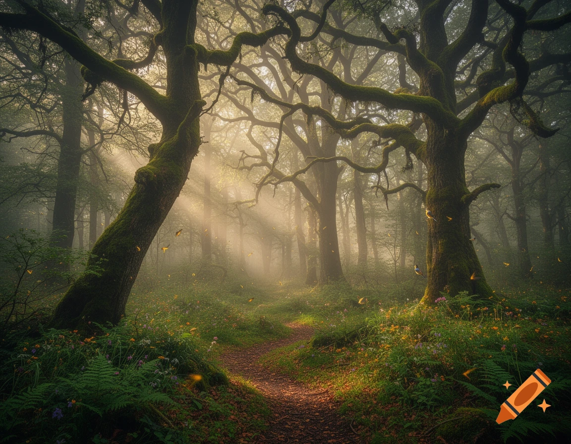 A mystical, moss-covered forest path bathed in ethereal sunlight filtering through ancient trees, with glowing fireflies.