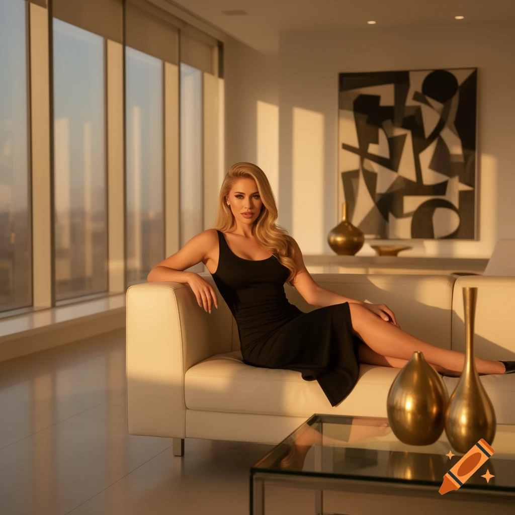 A woman in a black dress sits elegantly on a white couch in a modern apartment with large windows during sunset. Photorealistic.