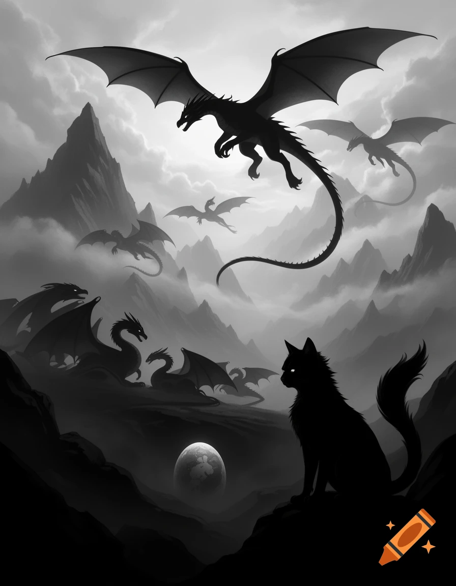 Monochrome silhouette of a large flying dragon above misty mountains, with ground dragons and a black cat watching a glowing orb.