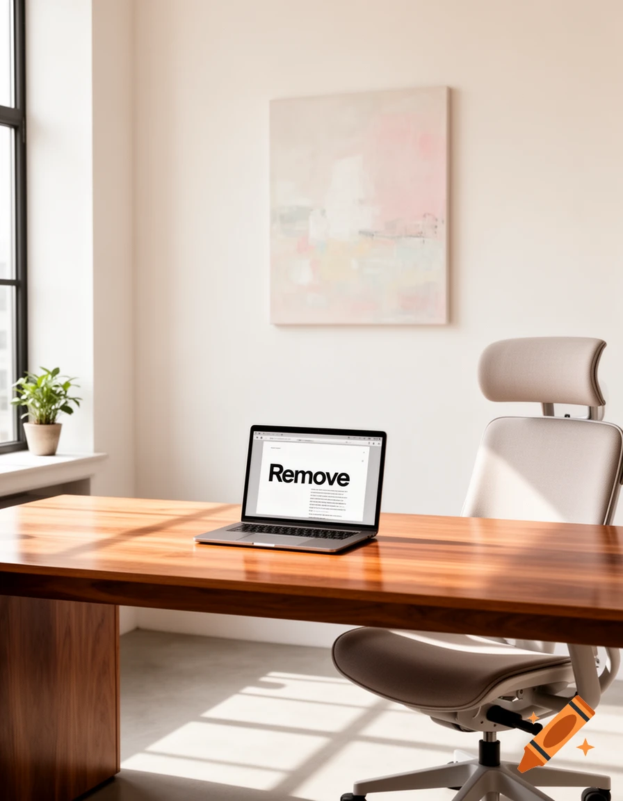 A modern office desk with a laptop displaying 'Remove' on its screen, an ergonomic chair, and a window with a plant.