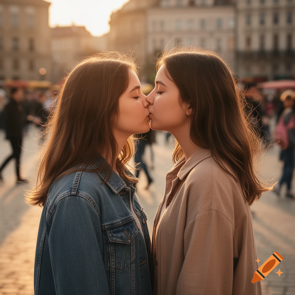 Two young women with long brown hair kissing intimately in an urban setting at sunset, bathed in warm golden light.