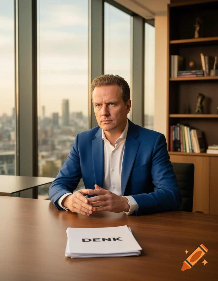 A serious man in a blue suit sits at a desk with papers reading 'DENK' in a modern office with a city view.